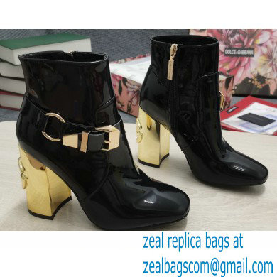 Dolce & Gabbana Heel 10.5cm Leather Ankle Boots Patent Black with DG Karol Heel and Buckle 2021